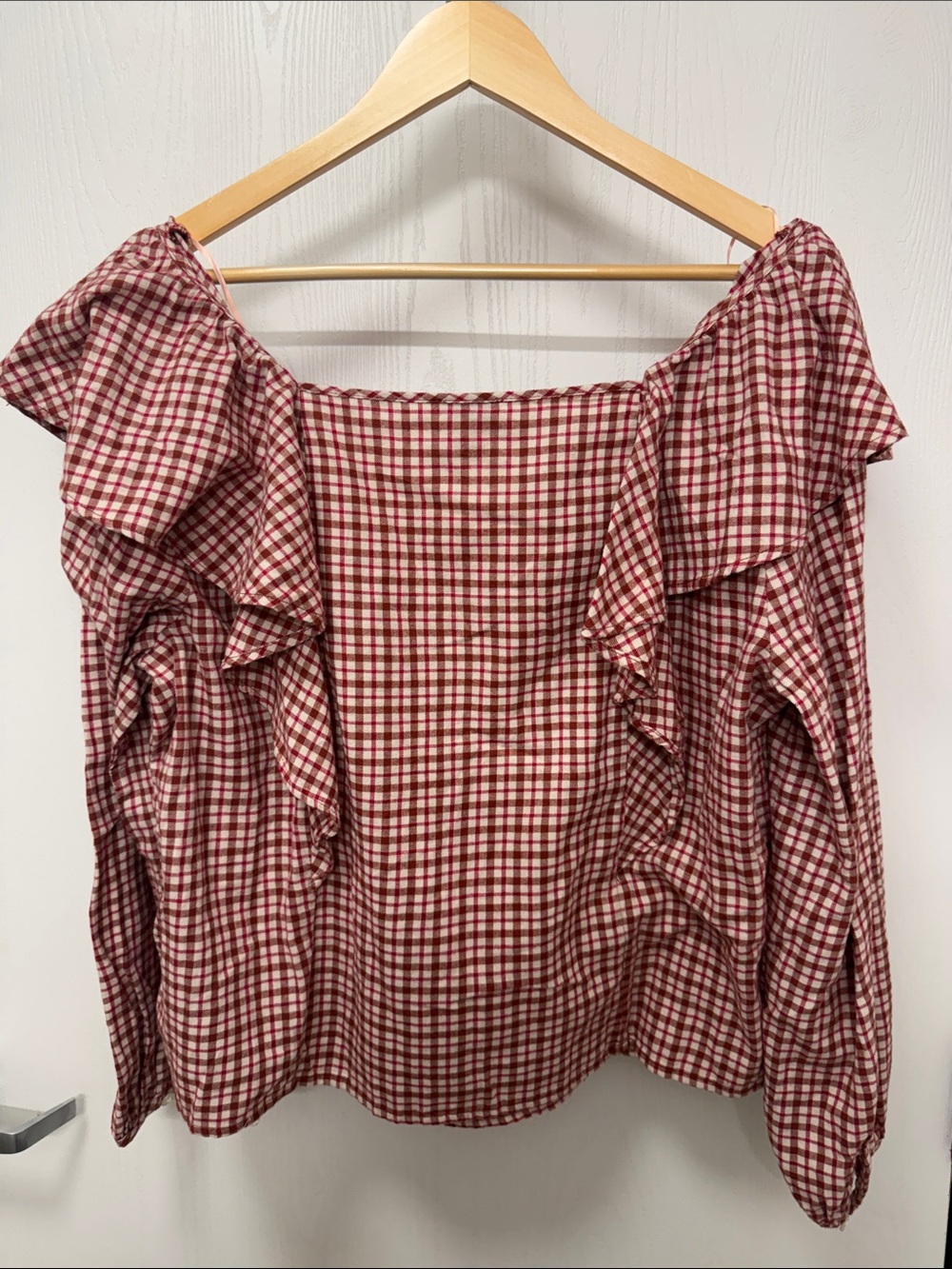 J.Crew Red Gingham Ruffle Square Neck Cotton Blouse Top XL - Picture 3 of 6
